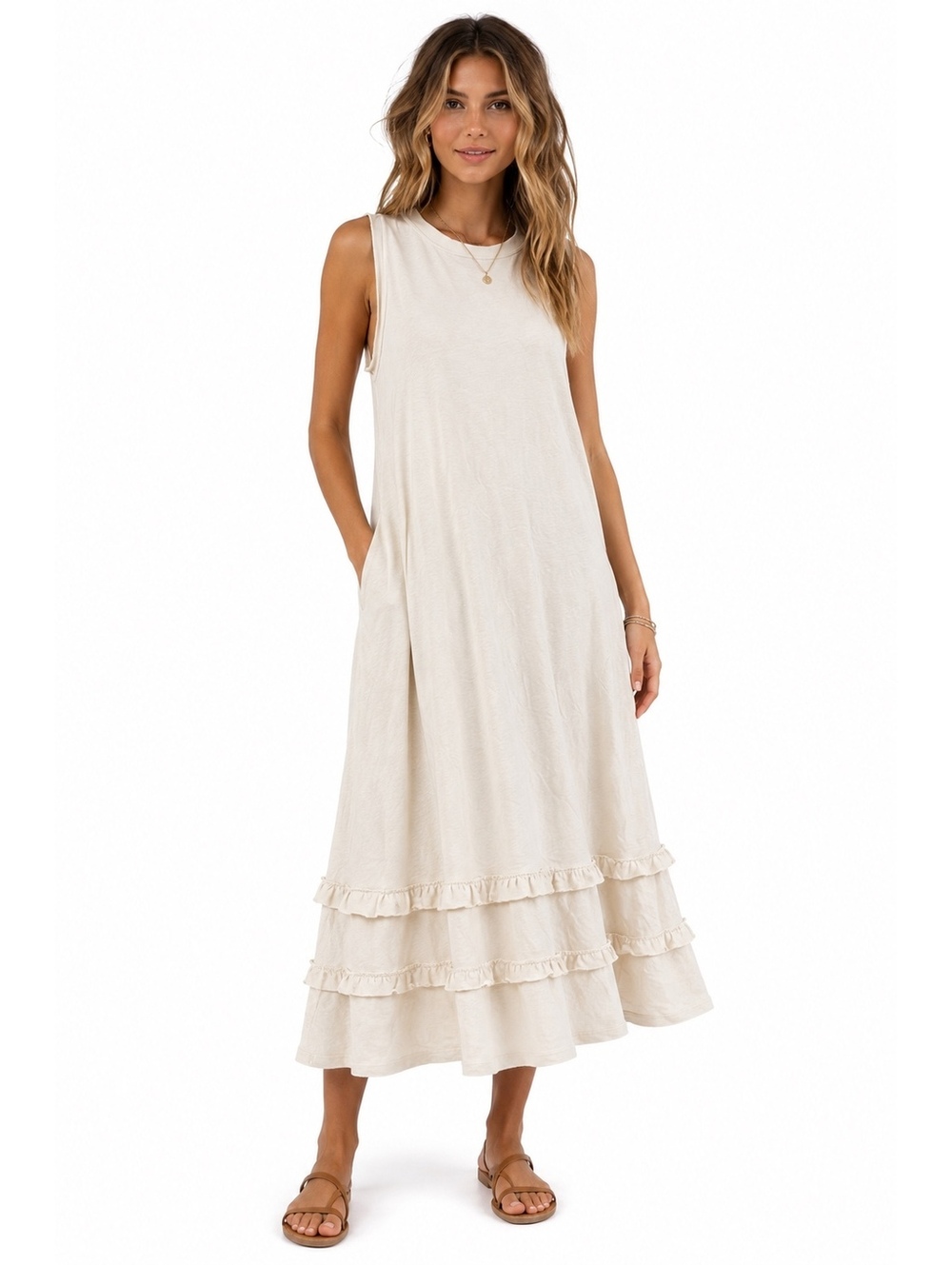057. NWT! Free People Beach•Cream Tiered Midi Dress•Size M